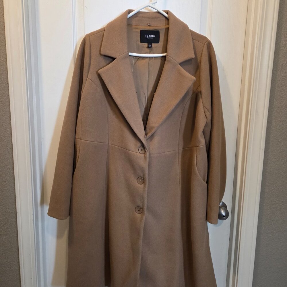 Torrid Camel Faux Fur Collar Fit & Flare Coat – Size 1 - Picture 3 of 9